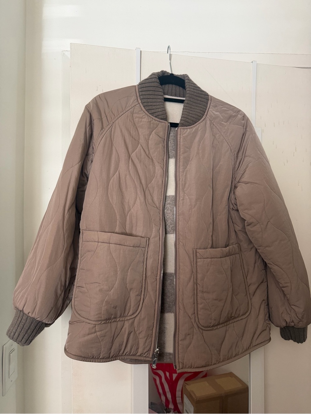 Varley Quilted Reversible Taupe Bomber Jacket
